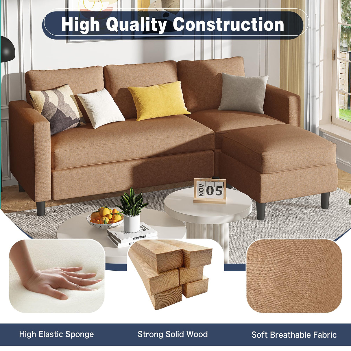 Shintenchi Small Sectional Couch Sofas, 3 Seat L Shape Sofa with Ottoman, Fabric Upholstered Convertible Sofa Couches, Small Couch for Apartments, Living Room and Office (Brown) Shintenchi