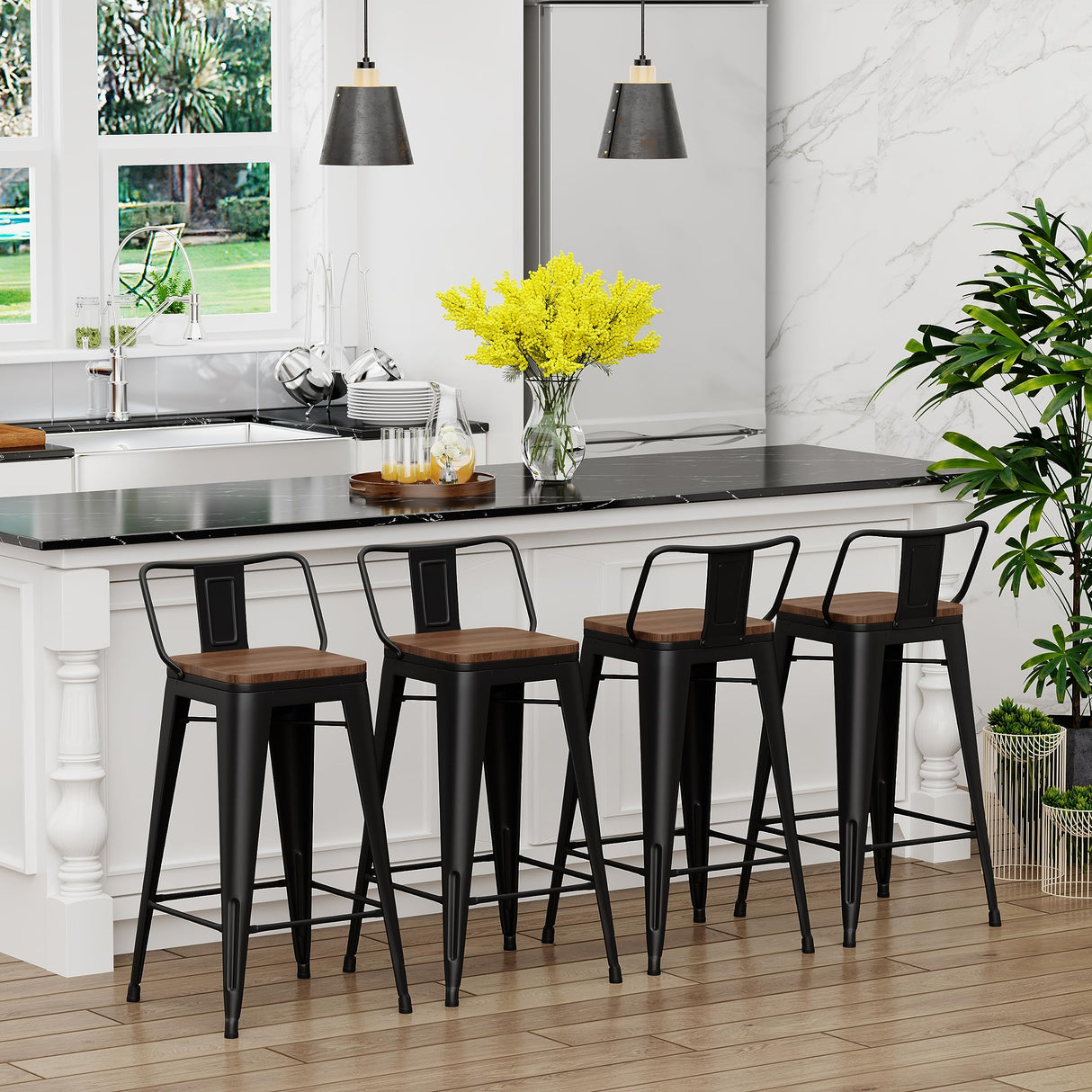 Yongchuang 24" Metal Barstools Set of 4 Counter Bar Stools with Wood Top Low Back Matte Black Yongchuang