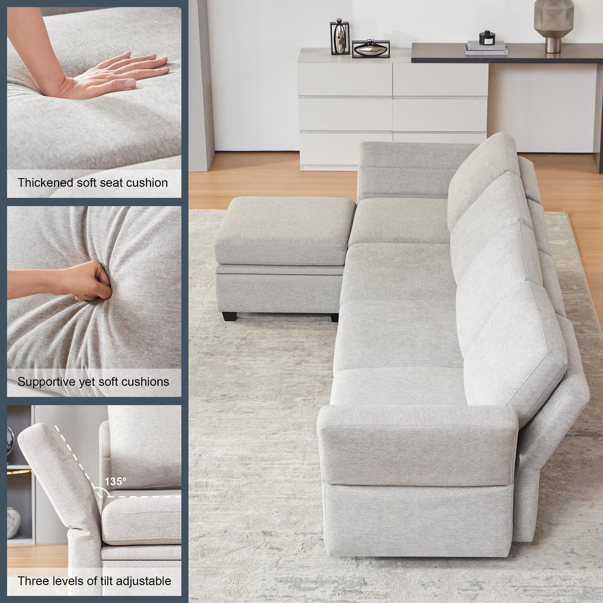 Weture Modular Sectional Sofa, Grey, L Shaped, 5 Seat, Convertible, High Supportive Sponges, Storage, Sofa Couch for Living Room Weture