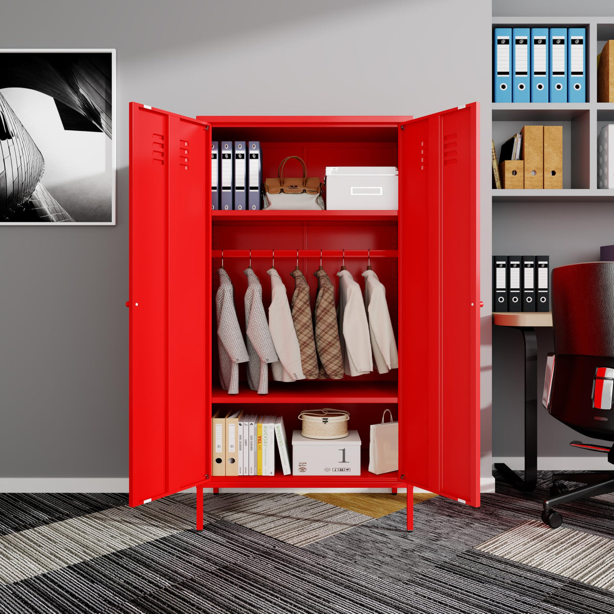 SunLinkSan Metal Storage Cabinet with Doors and Adjustable Shelves, Organization Locker, Farmhouse Kitchen Pantry for Cupboard, Bedroom, Dining, Living, Bathroom, Office, Garage Room (Wardrobe, Red) SunLinkSan