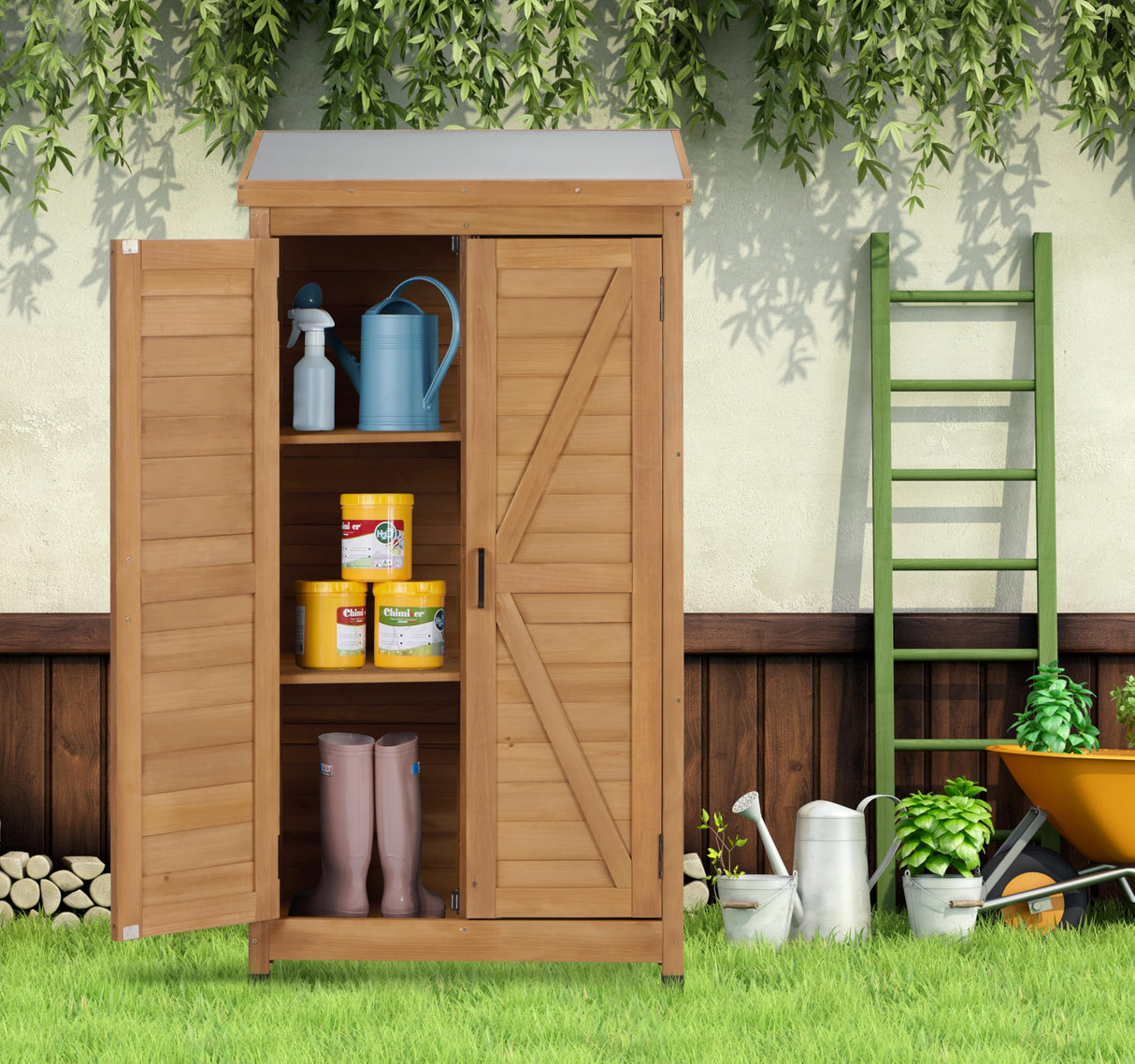 58''x30''x18'' Outdoor Wooden Storage Shed with Metal Top Tall Vertical Tool Cabinet for Backyard Garden Patio Lawn (Gold) Mederlo