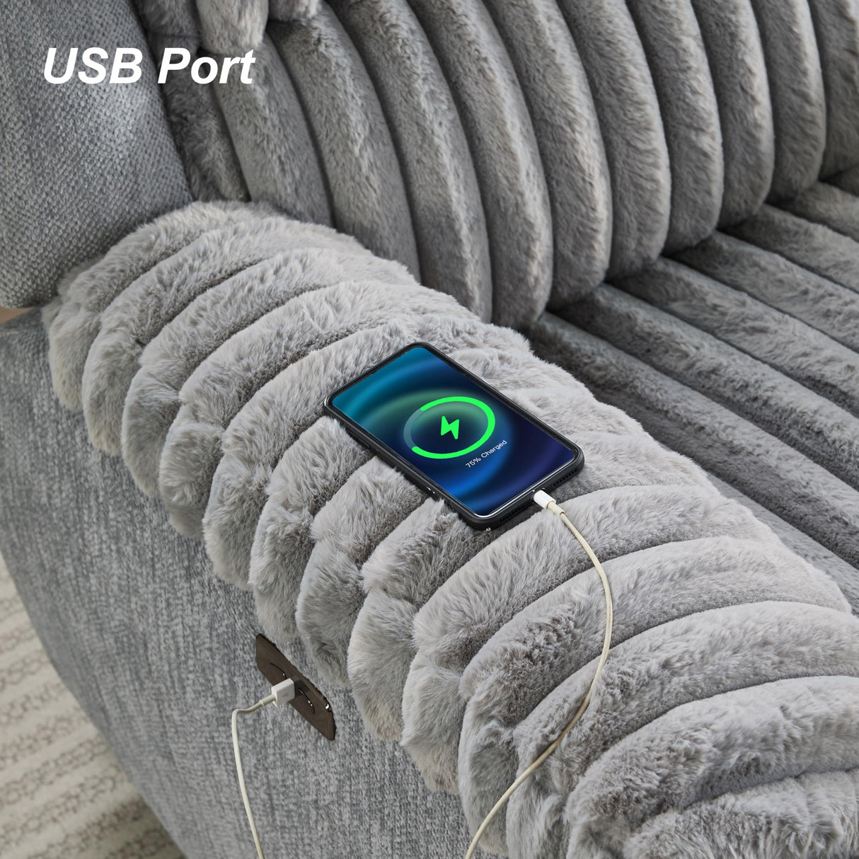 Comfort Stretch Grey Power Recliner Chairs for Living Room Faux Fur Electric Recliners Chair with USB Port Soft Fabric Overstuffed Single Reclining Chair Theater Seating Comfort Stretch