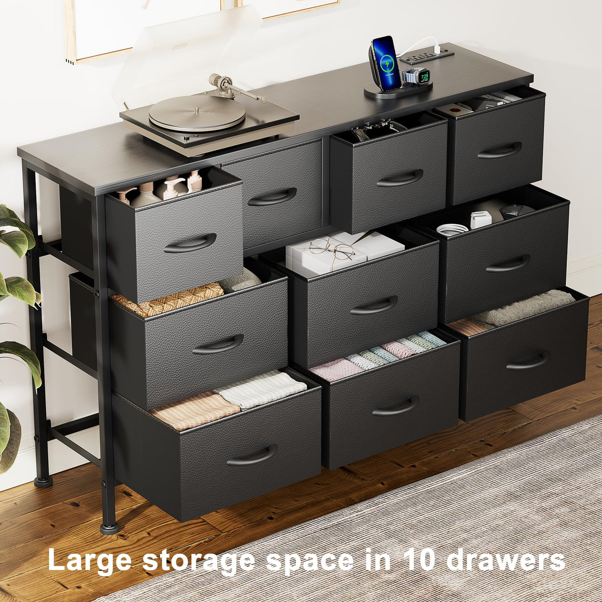 Lulive 10 Drawer Black Dresser for Bedroom, Dresser TV Stand with Power Outlet, Entertainment Center Chest of Drawers for 55'' Long TV, Wide Fabric Dresser for Storage and Organization (Black) Lulive