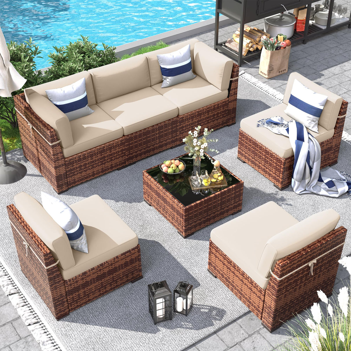 Patio Furniture Set, 7 Pieces Outdoor Modular Conversation Set Wicker Sectional Sofa for All Weather Rattan Patio Couch for Porch Garden Backyard Balcony Poolside (Khaki) Poteban
