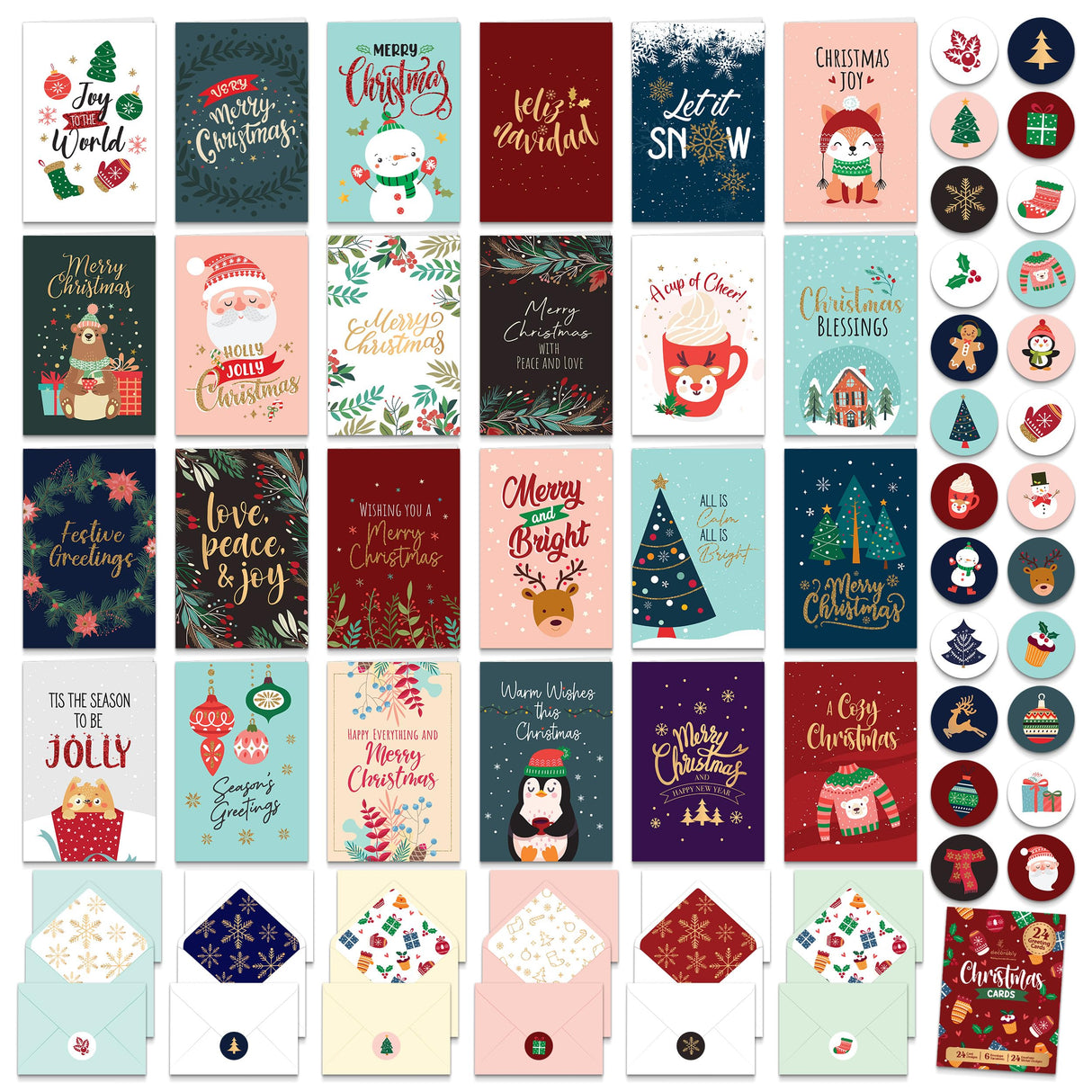 Decorably 24 Pack Foiled & Glittery 6x4in Box of Christmas Cards with Envelopes and Stickers, 24 Festive Designs Boxed Christmas Cards with Envelopes with Printed Message Inside Decorably