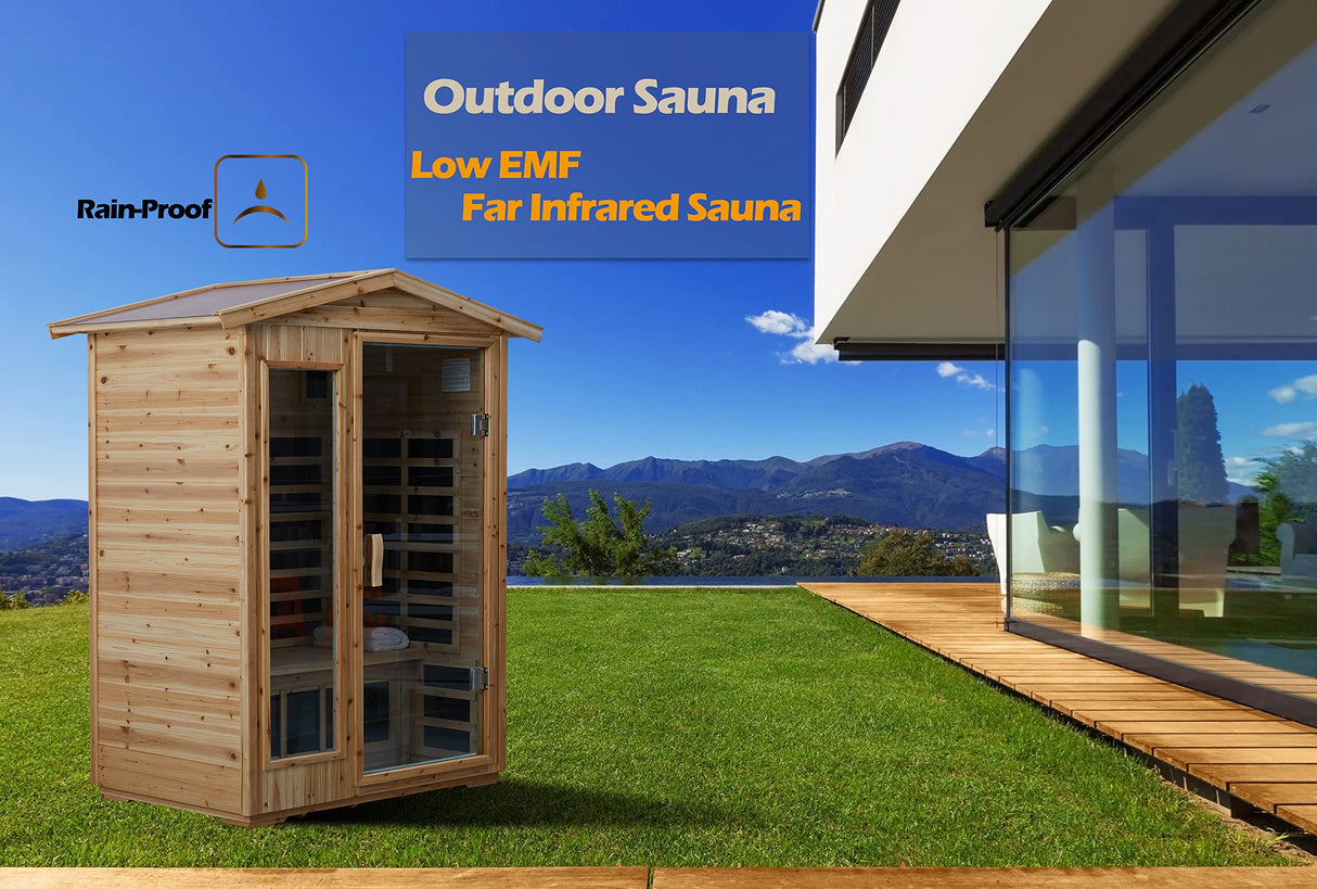 LTCCDSS Outdoor Infrared Sauna 2 Person | Far Infrared Sauna, Canadian Hemlock, Withstand Outdoor Temp -5℉-104℉| Low EMF Sauna Room for Home-9 Low EMF Heaters-Chromotherapys-Bluetooth Speakers LTCCDSS