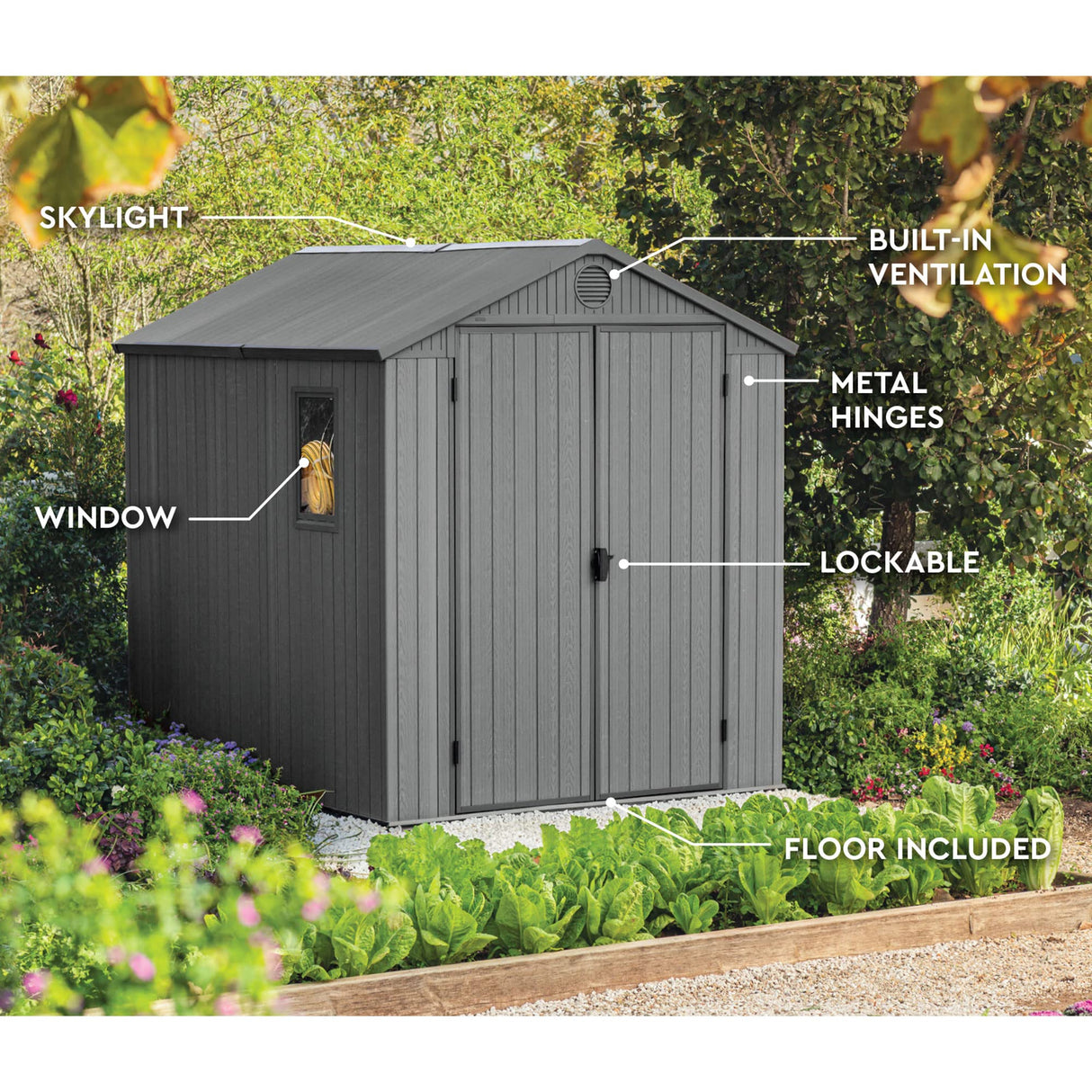 Keter Darwin 6x8 Ft Resin Storage Shed, Graphite Gray – Double Doors with Window & Skylight Keter