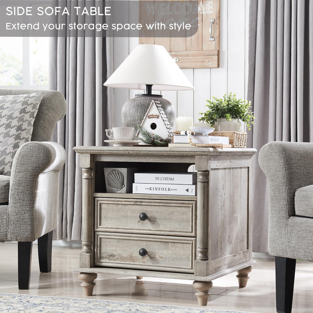 T4TREAM 24'' Farmhouse End Table w/4 Solid Wood Feet, Large 2 Drawers Wide Sofa Side Table with Charging Station, Tall Rustic Wood Square Nightstand for Living Room, Bedroom, Office, Light Rustic Oak T4TREAM