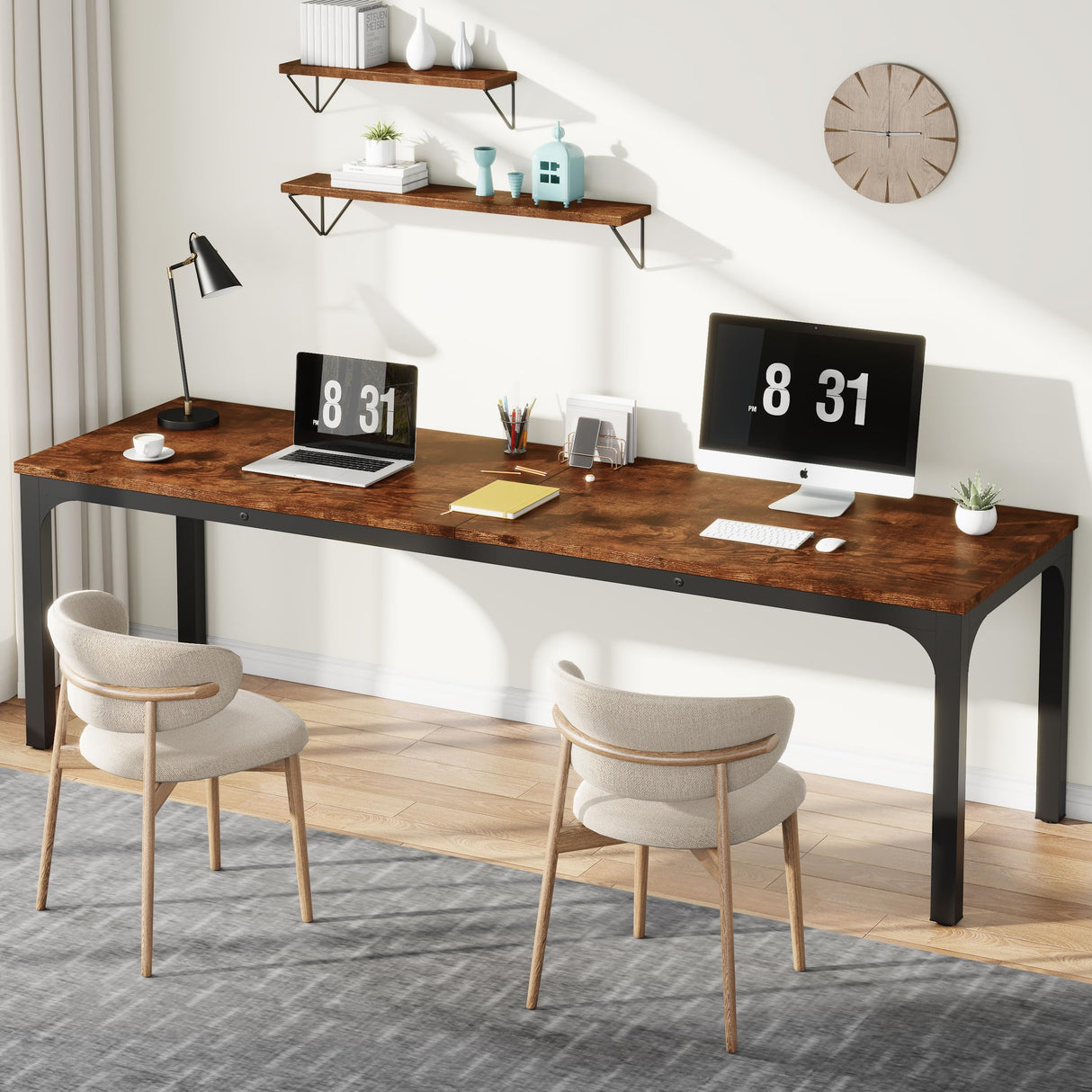 Vagaconl Computer Desk, Long Office Desk 2 Person Home Office Work Desks 78.74" L x 27.55" W x 29.52" H, Large Writing Table Study Desk, Rustic Brown (Only Table) Vagaconl