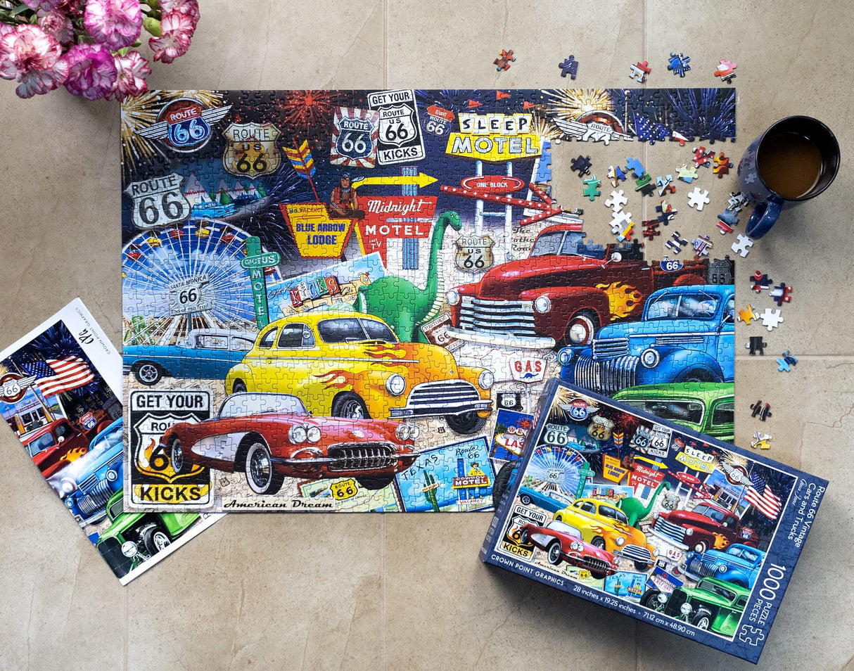 Crown Point Graphics Route 66 Vintage Cars and Trucks Puzzle, 1000 Piece Jigsaw Puzzle Crown Point Graphics