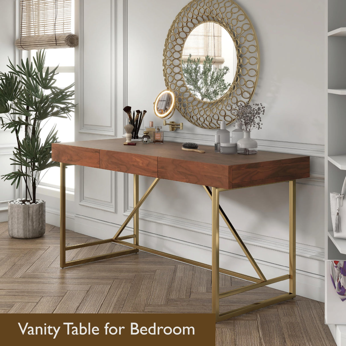 Homes: Inside + Out Lizon Modern 60 Inch Wood Desk With Drawers, Office Table With Storage, Vanity Without Mirror For Bedroom, Study Room, Dorm, Light Walnut Brown & Gold HOMES: INSIDE + OUT