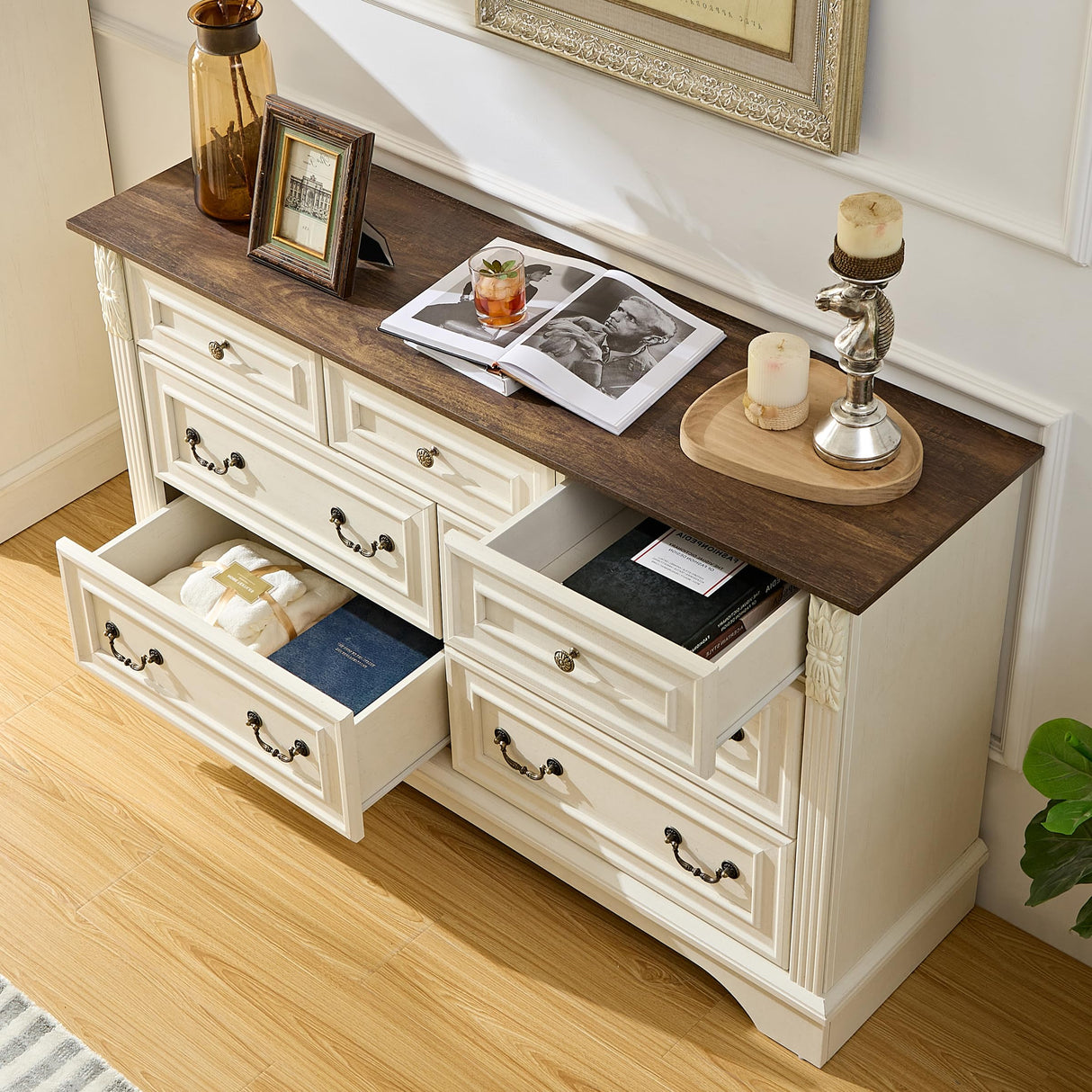BLANKSPACE Rustic White Dresser for Bedroom,7 Drawers Dresser, Farmhouse Dresser for Living Room,7 Chest of Drawers with Thickened Wood Carving for Closet,Hallway BLANKSPACE