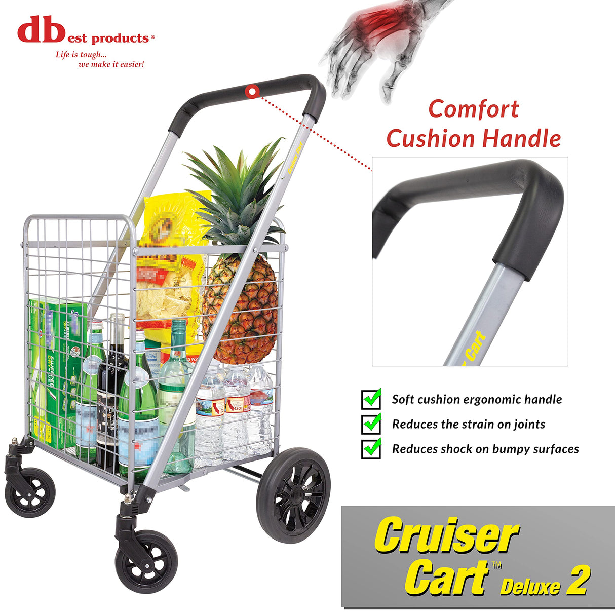 dbest products Cruiser Cart Deluxe 2 Shopping Grocery Rolling Folding Laundry Basket on Wheels Foldable Utility Trolley Compact Lightweight Collapsible, Silver dbest products