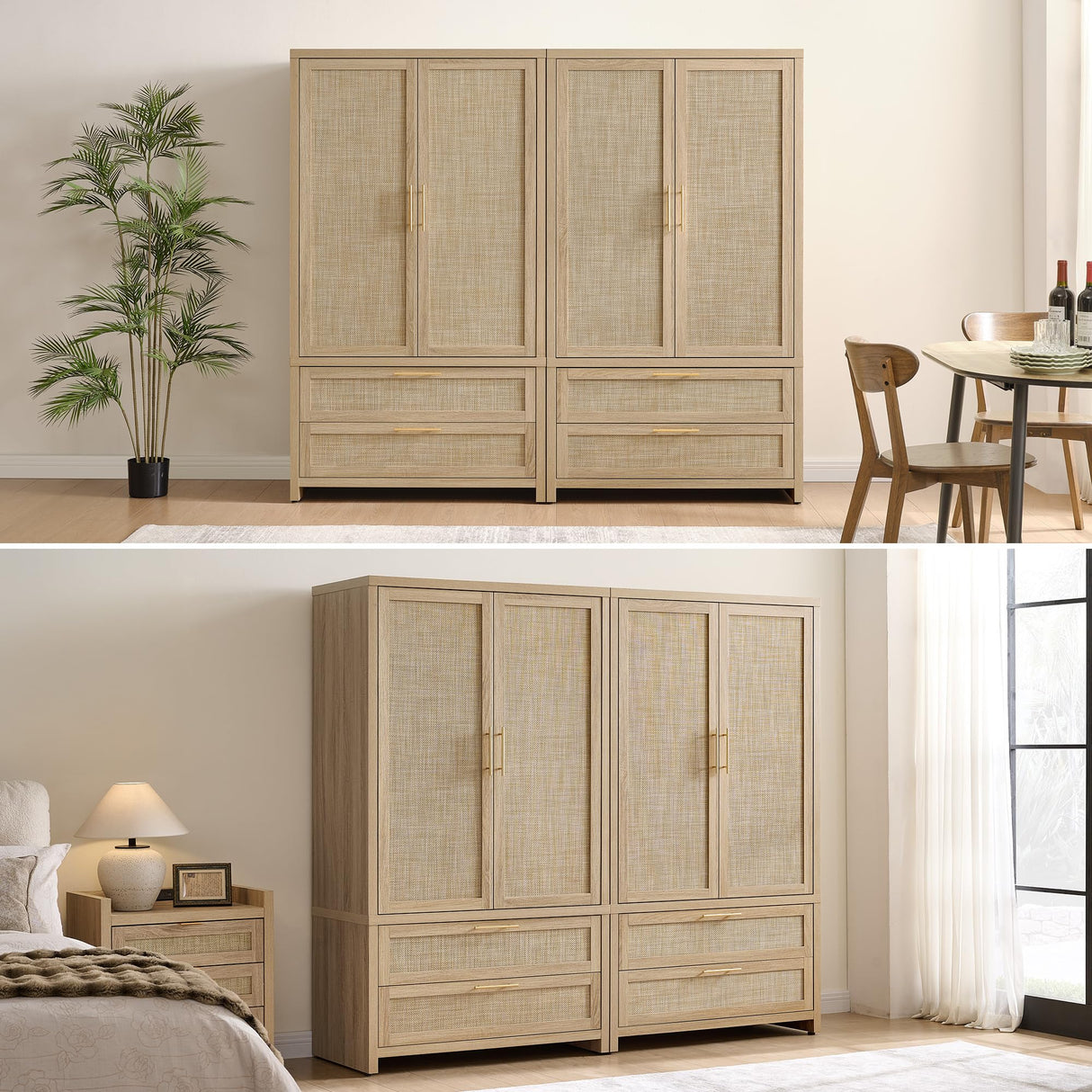 SICOTAS Rattan Armoire Wardrobe Closet Cabinet, 71" Tall Wardrobe Storage Cabinet with Doors, Large Drawers and Hanging Rod, Boho Armoire Clothes Organizer for Bedroom, Cloak Room, Light Oak SICOTAS