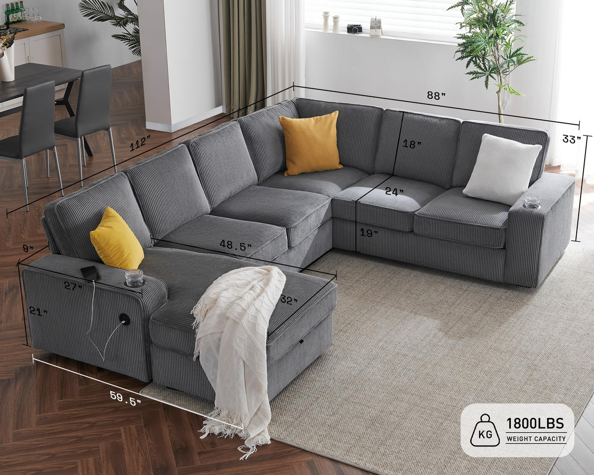 PaPaJet Oversized Sofa, 112 inch U Shaped Sofa with USB Ports, Sectional Couch with Storage Chaise, Corduroy Grey PaPaJet