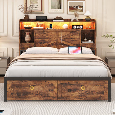 TIGUBFRE Queen Bed Frame with 4 Drawers Bookshelf Headboard, Farmhouse Bed Frame with Charging Station & LED Lights, Metal Slats Support, Noise Free, No Box Spring Needed Rustic Brown