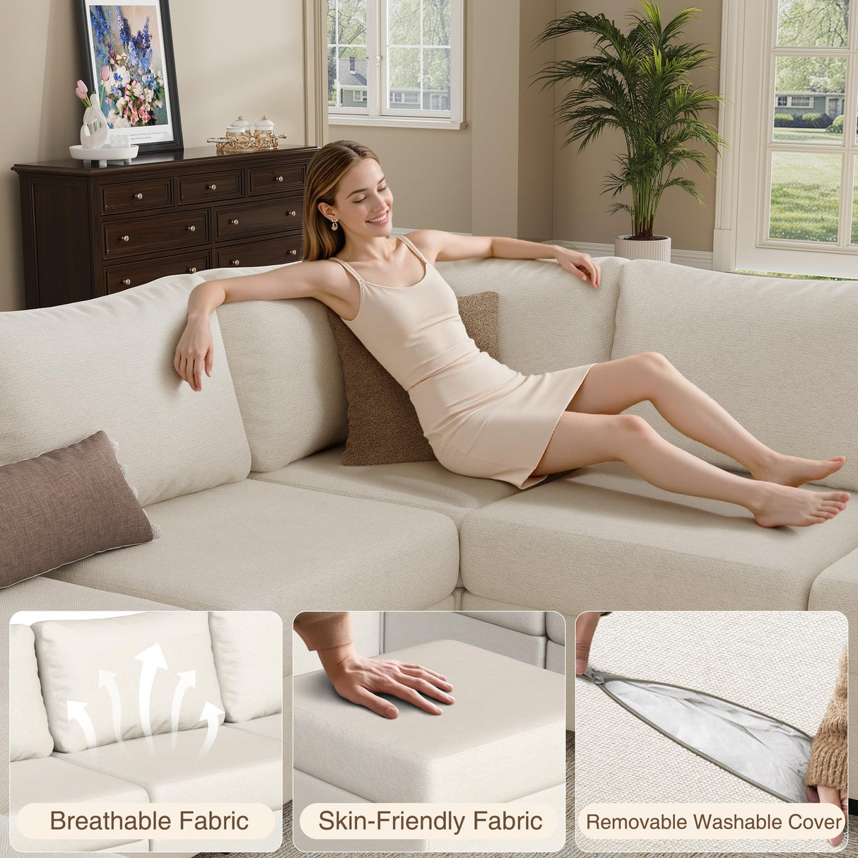 Reedvales Modular Sectional Sofa Couches, Large Convertible Modular Couches with Storage, 7-Seater Sectional Sofa for Living Room, U Shaped Sectional Couch Sleeper Sofa with Chaise (Beige, 7 Seats) Reedvales