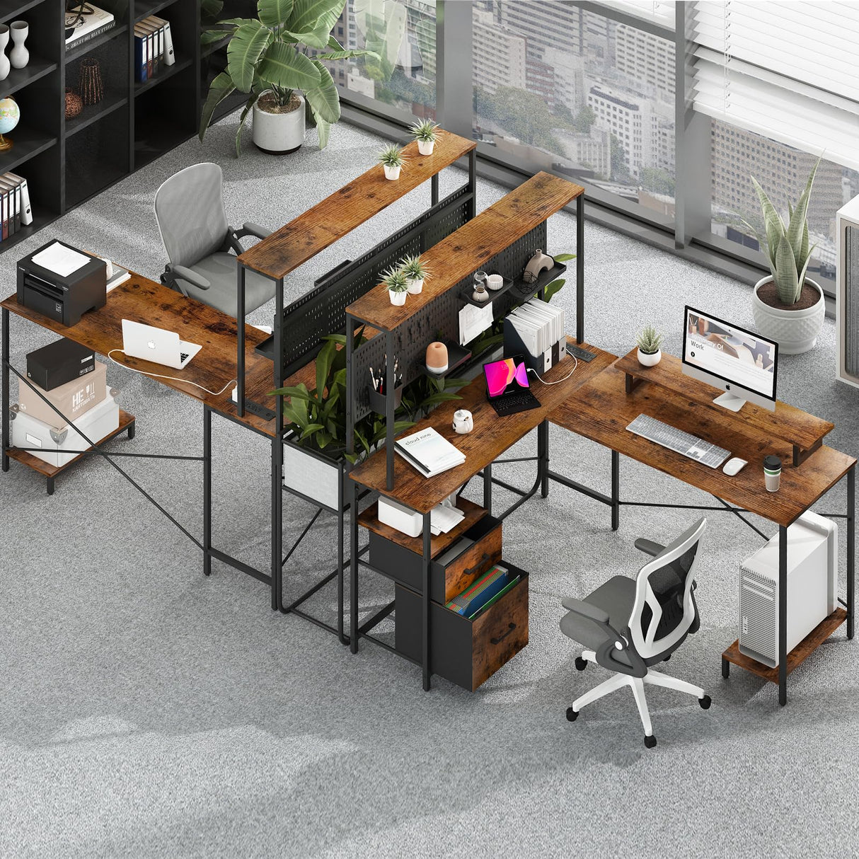 Yoobure L Shaped Desk with Pegboard, Reversible Computer Desk with Drawers & Storage Shelves, Gaming Desk with LED Lights & Power Outlets, Office Desk with Monitor Stand Corner Desk Home Office Desks Yoobure