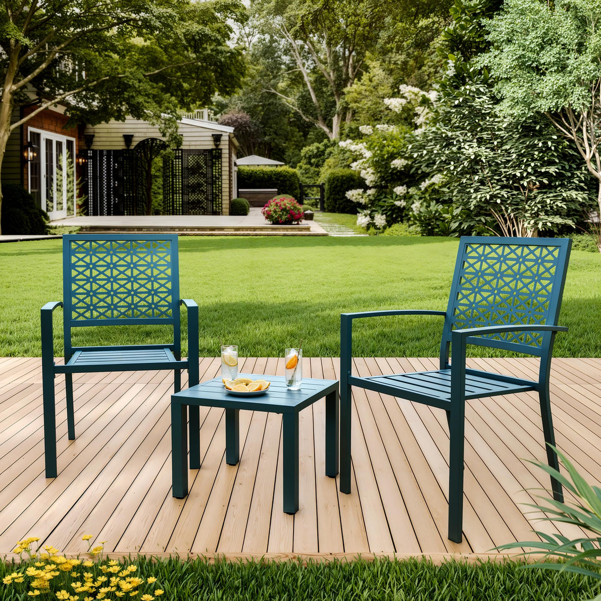 ChicCoutured 3 Piece Patio Bistro Set, Iron Art Outdoor Bistro Table and Chairs Set of 2, Stackable Patio Dining Set, Outdoor Furniture Set for Patio, Balcony, Porch, Blue ChicCoutured