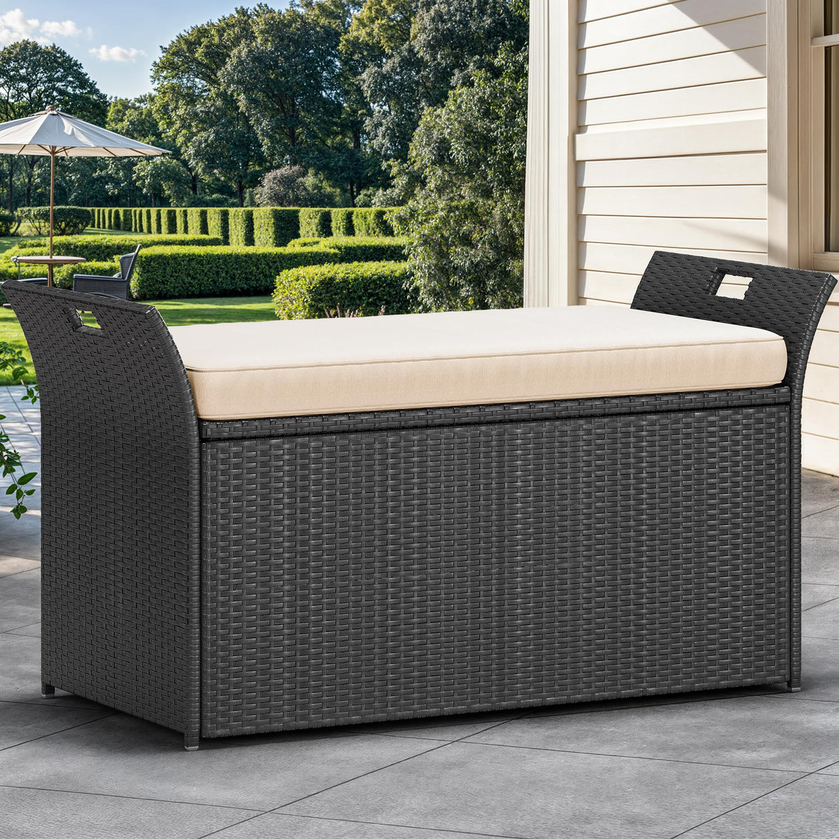 YITAHOME 90 Gallon Outdoor Wicker Storage Bench w/Cushion, Large PE Rattan Deck Storage Box w/Handles & Hydraulics for Patio Furniture, Cushions, Garden Tools, Pool & Sports Equipment, Black&Beige YITAHOME
