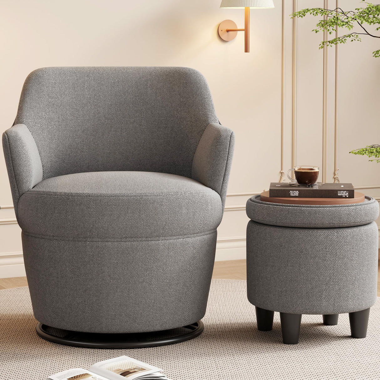 Ball & Cast Swivel Accent Arm Chair with Storage Ottoman, 360°-Swivel Barrel Chair and Footstool, Backrest Recliner Chair w/Ottoman, High Back Linen Single Sofa Side-Chair Stool w/Tray, Grey Ball & Cast
