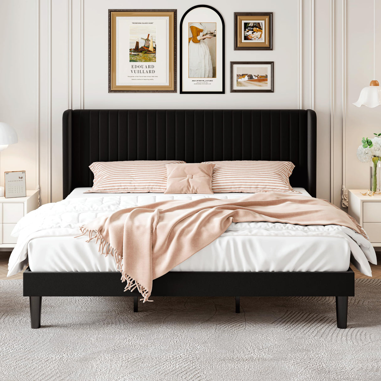 SHA CERLIN King Size Velvet Bed Frame with Vertical Channel Tufted Wingback Headboard, Upholstered Platform Bed with Wood Slats, No Box Spring Needed, Easy Assembly, Black SHA CERLIN