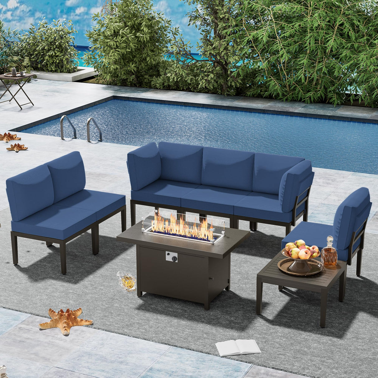 ASJMR Patio Furniture Set,8 Pieces Modern Outdoor Conversation Set w/43in Gas Fire Pit Table, Outdoor Metal Sectional Sofa with 55000 BTU Propane Fire Pit. ASJMR