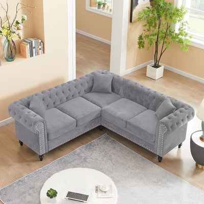 RARZOE Chesterfield L Shaped Sectional Sofa, Deep Button Tufted Velvet Sofa, Upholstered Rolled Arm Classic Chesterfield Settee Furniture for Living Room, Grey