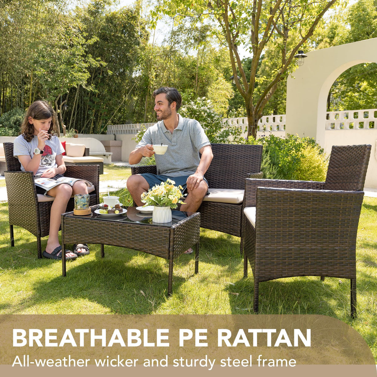 Devoko 4 Pieces Outdoor Patio Furniture Set, PE Rattan Wicker Chairs Balcony Lawn Porch Patio Furniture Sets with Beige Cushion and Table (Brown) Devoko