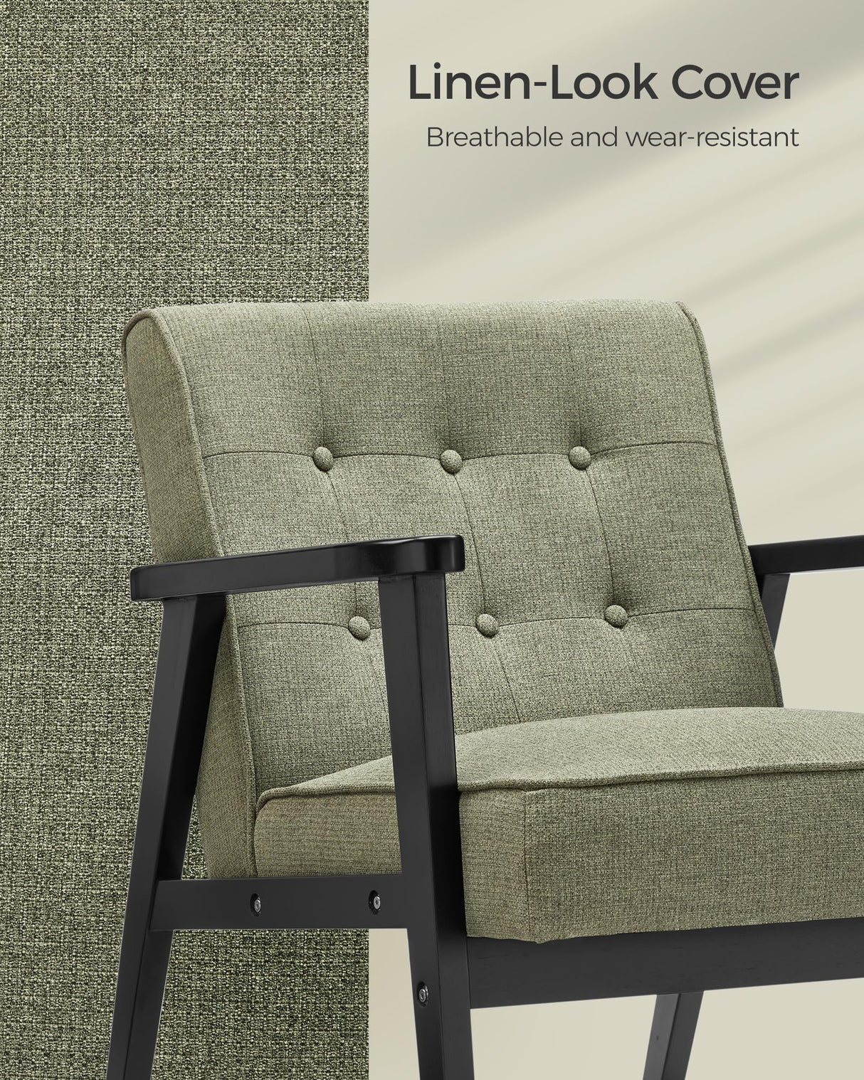 SONGMICS Accent Leisure Chair, Mid-Century Modern Arm Chair with Solid Wood Armrests and Legs, 1-Seat Cushioned Sofa for Living Room Bedroom Balcony Studio, Olive Green ULAC001C01 SONGMICS