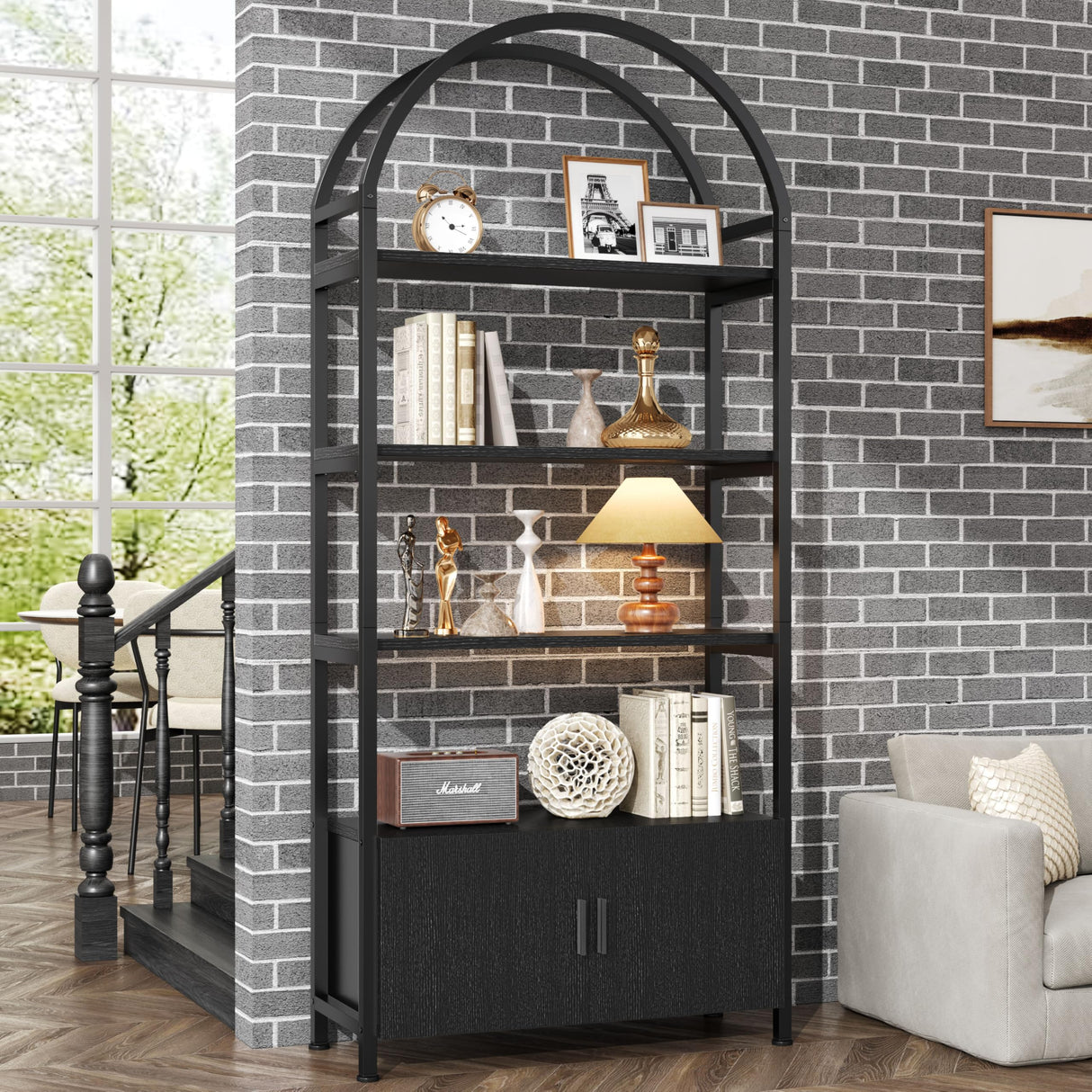 Semoic Arched Bookshelf with Drawers, 71" Tall Industrial Bookcase with Sturdy Metal Frame, Freestanding Display Shelving Unit, Geometric Book Shelf for Lving Room, Home Office, Black Semoic