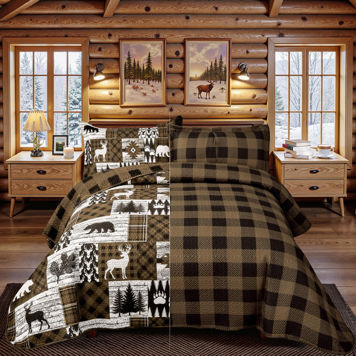 3 Piece Cabin King Size Quilt Sets Farmhouse Rustic Reversible Microfiber Soft Lightweight Bedspread Comforter with 2 Shams Patchwork Country Lodge Bedding Quilts Set for All Season, 106''x96'', Brown Tritard