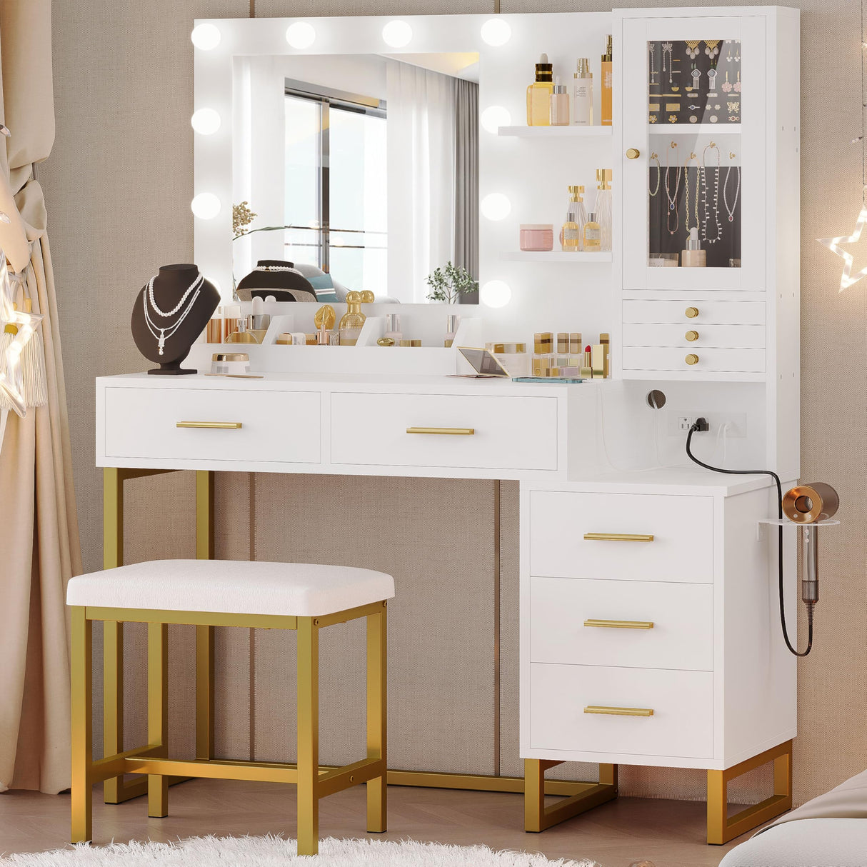 IRONCK Vanity Desk with Mirror and Lights, Makeup Vanity Table with 5 Drawers & Shelves, Power Outlet, Vanity Stool, Dressing Table with Jewelry Storage for Bedroom, White & Gold IRONCK