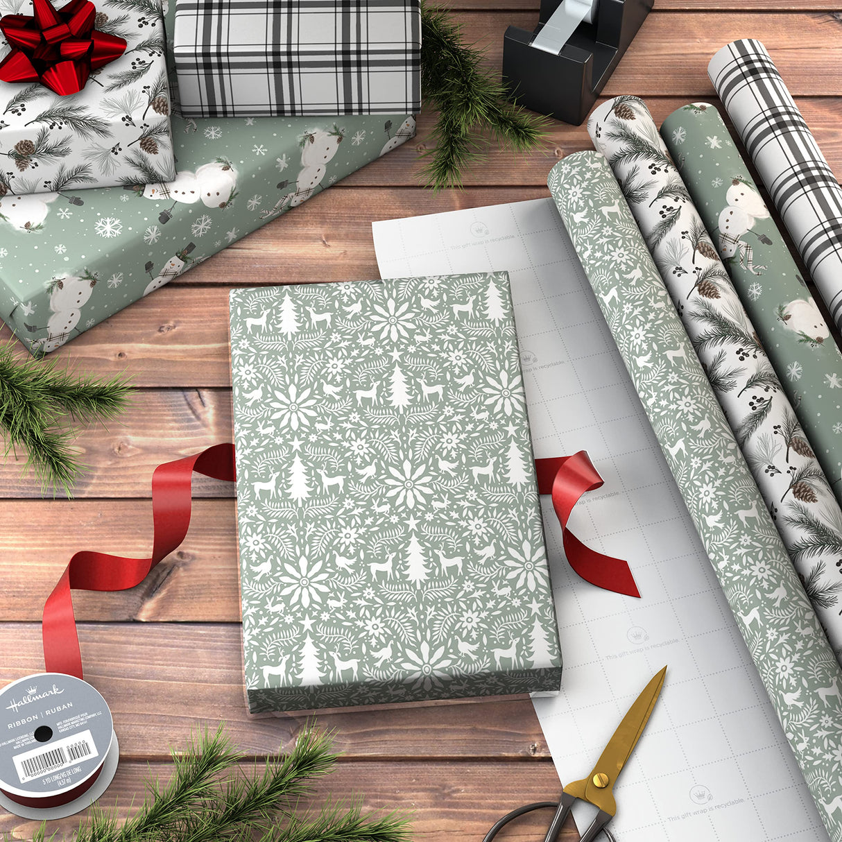 Hallmark Recyclable Neutral Christmas Wrapping Paper (4 Rolls: 100 Sq. Ft. Ttl) White and Sage Green Evergreen Pinecones, Rustic Snowmen, Plaid, Nordic Deer and Foliage Hallmark