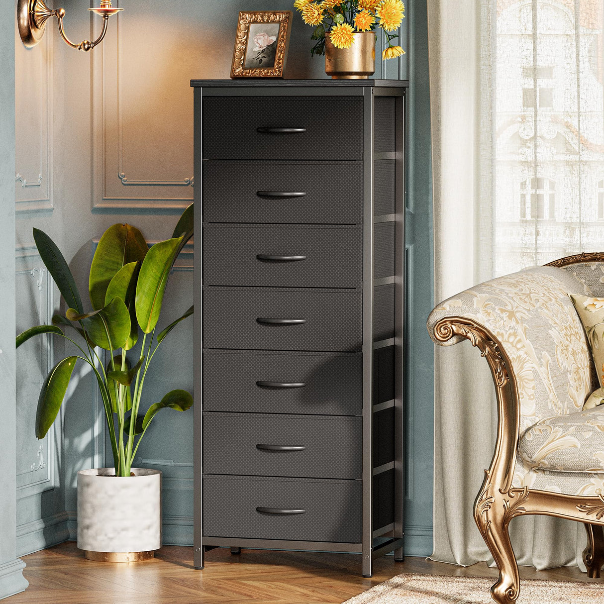 Huuger Tall Dresser for Bedroom, 7 Drawer Dresser & Chests of Drawers, Fabric Dresser for Closet, Bedroom, Night Stand, End Table with Metal Frame, Storage Tower with Fabric Bins, Black Huuger