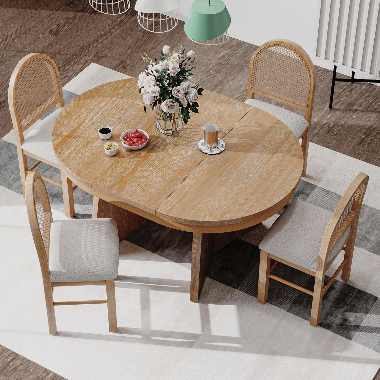 Harper & Bright Designs 5-Piece Extendable Dining Table Set, Functional Round Dining Table and 4 Upholstered Chairs with Rattan Backrests for Dining Room and Kitchen (Natural Wood Wash) Harper & Bright Designs