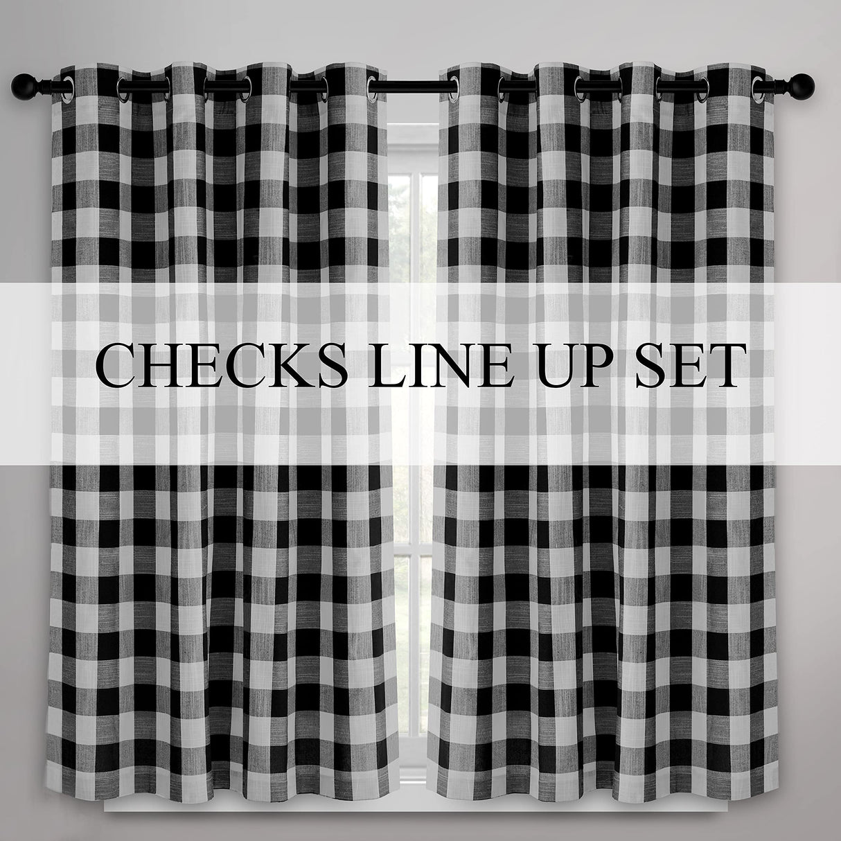 Creativesfun 2 Panels Checks Line Up Set Farmhouse Faux Linen Look Buffalo Plaid Grommet Window Curtain (Black & Cream, Panel 丨W53 X L84-INCH 2PCS) Creativesfun