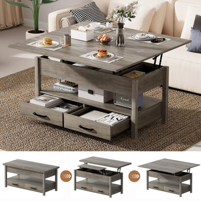 SYESWAY 42'' Lift Top Coffee Table, 4-in-1 Multifunctional Lift Coffee Table with Storage & Hidden Compartments, Farmhouse Coffe Table with Lifting top for Living Room, Dining Reception Room, Grey