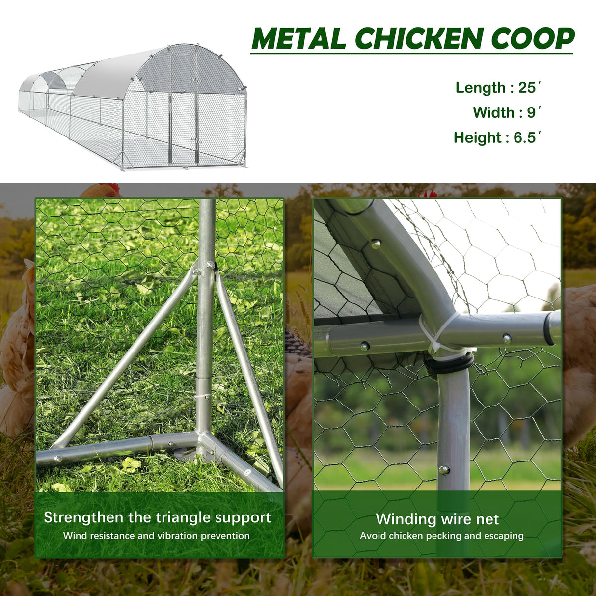 Large Metal Chicken Coop Upgrade Tri-Supporting Wire Mesh Chicken Run,Chicken Pen with Water-Resident and Anti-UV Cover,Duck Rabbit House Outdoor(9'W x 25'L x 6.5'H) Betterhood
