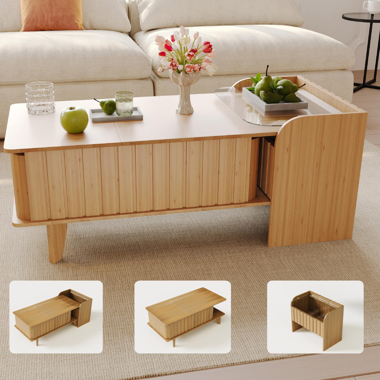 Jartoil Extendable Coffee Table with Storage, Wood Coffee Table with Hidden Compartment, Expandable Coffee Tables with Side Table for Living Home(Natural) Jartoil