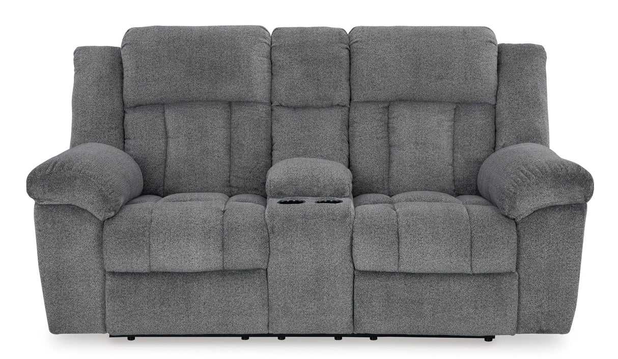 Signature Design by Ashley Tip-Off Modern Wall Hugger Power Reclining Loveseat with Adjustable Headrest, USB Ports, Storage and Cup Holders, Gray Signature Design by Ashley