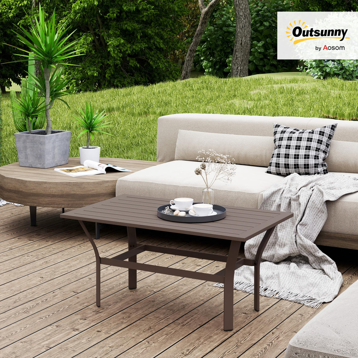 Outsunny Outdoor Coffee Table, All-Weather Rectangle Metal Patio Coffee Table with Slatted Tabletop for Outside, Patio, Garden, Balcony, Backyard, Brown Outsunny