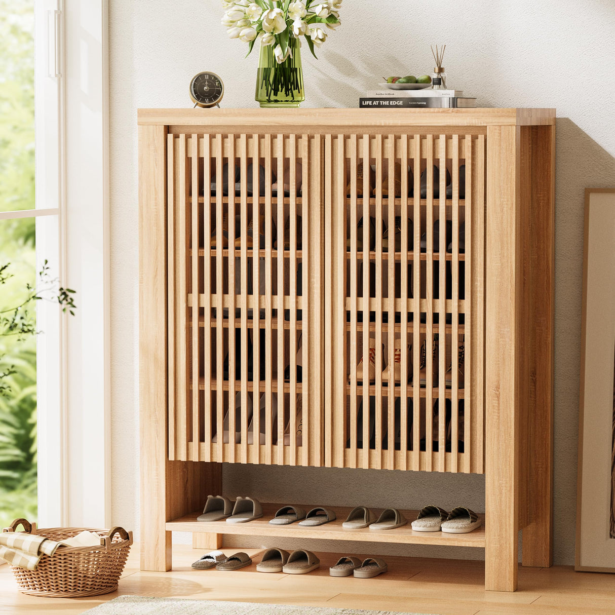 INNOD 43" Tall Shoe Storage Cabinet with Doors, 8-Tier Entryway Shoe Cabinet with Adjustable Shelves, Modern Freestanding Shoes Rack Organizer Cabinet for Entryway Hallway Front Door INNOD