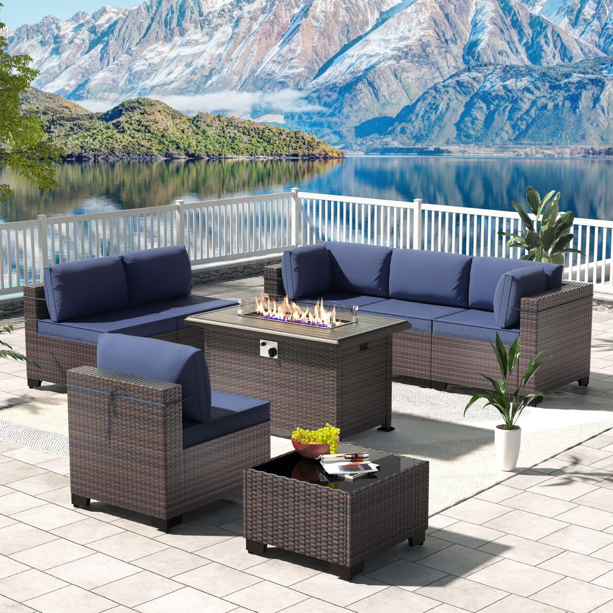 Kullavik 8 Pieces Outdoor Patio Furniture Set with 43" 55000BTU Gas Propane Fire Pit Table PE Wicker Rattan Sectional Sofa Patio Conversation Sets,Dark Blue Kullavik