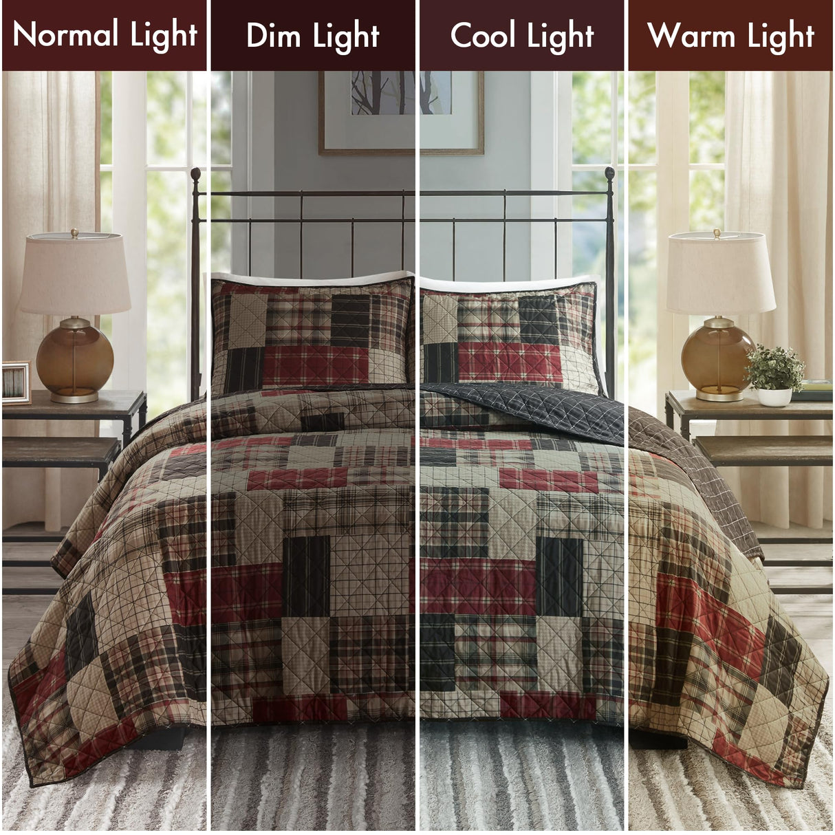 Madison Park King Quilt Set Patchwork Farmhouse, Diamond Quilting Reversible Coverlet Set for King Size Bed, Plush Cotton Filled Quilt Set King Size, Shams King/Cal King Red/Black 3 Piece Madison Park