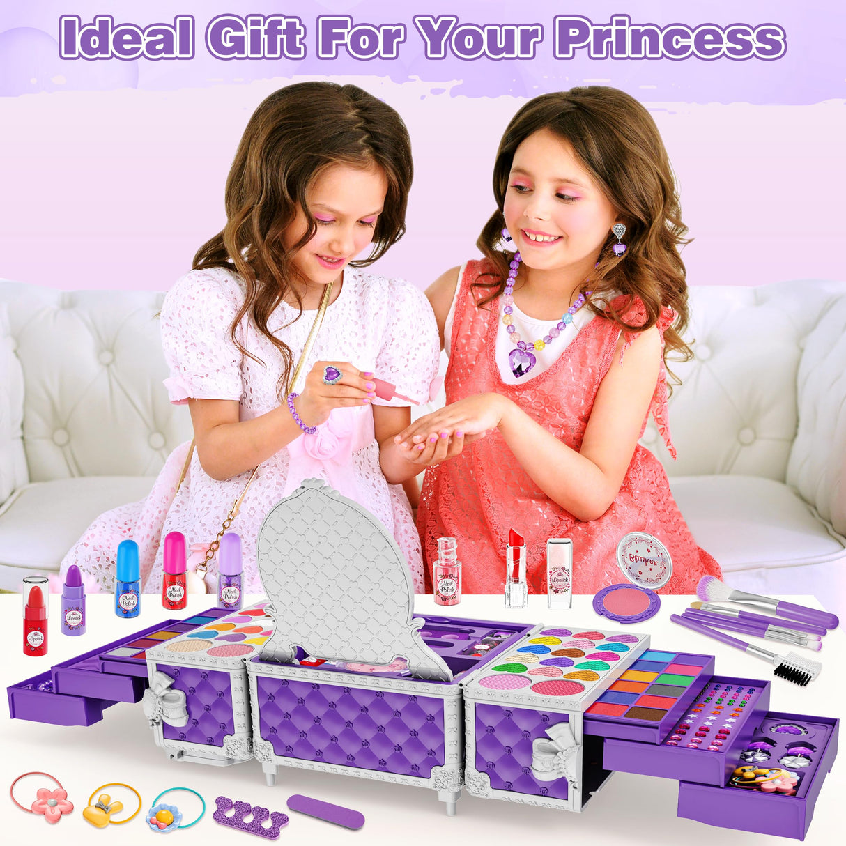 99 Pcs Kids Makeup Kit for Girls, Princess Toys Real Washable Cosmetics Set with Mirror, Hair Ties, Nails, Rings, Earrings, Necklace, Perfect for 3 4 5 6 7 8 Year Old Girls Birthday Kuovei