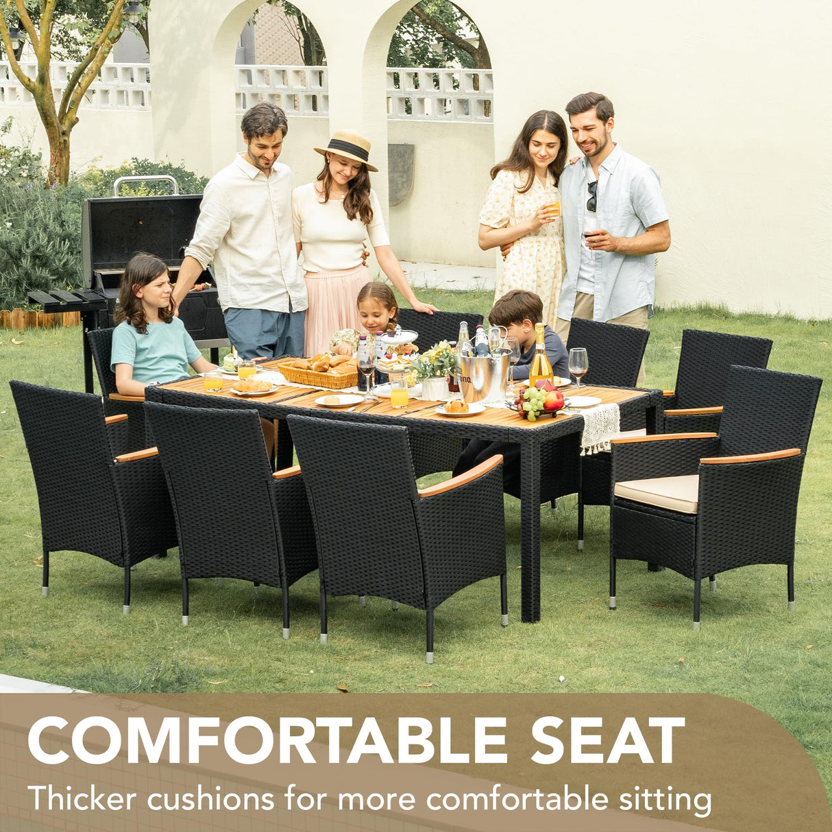 Devoko Outdoor Patio Dining Sets 9 Pieces Wicker Outdoor Dining Table and Chairs Set with Acacia Wood Table Top and Widened Armrests for Backyard, Garden, Deck (Black) Devoko