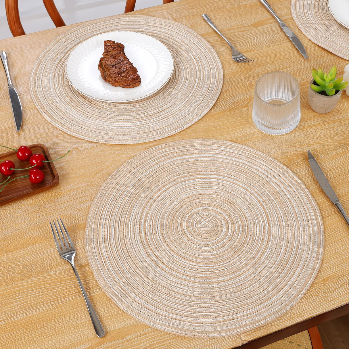SHACOS 15 inch Round Braided Placemats Set of 6 Non Slip Heat Resistant Cotton Polyester Table Mats Washable Place Mats for Kitchen Dining Party Table Decor (Beige, 6) SHACOS