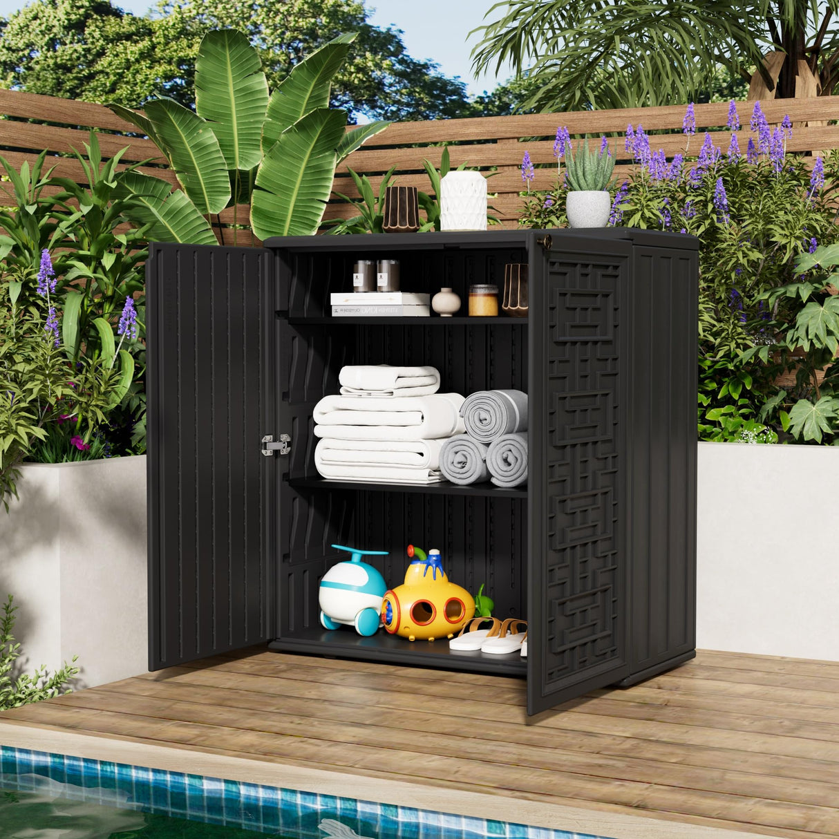Mrosaa Outdoor Storage Cabinet Waterproof with Shelf,Resin Storage Sheds Outdoor Cabinets for tub towels/chemicals/grill items/Patio/Garden/Backyard, Size 34.3''L*15''W*36.2''H(Black) Mrosaa