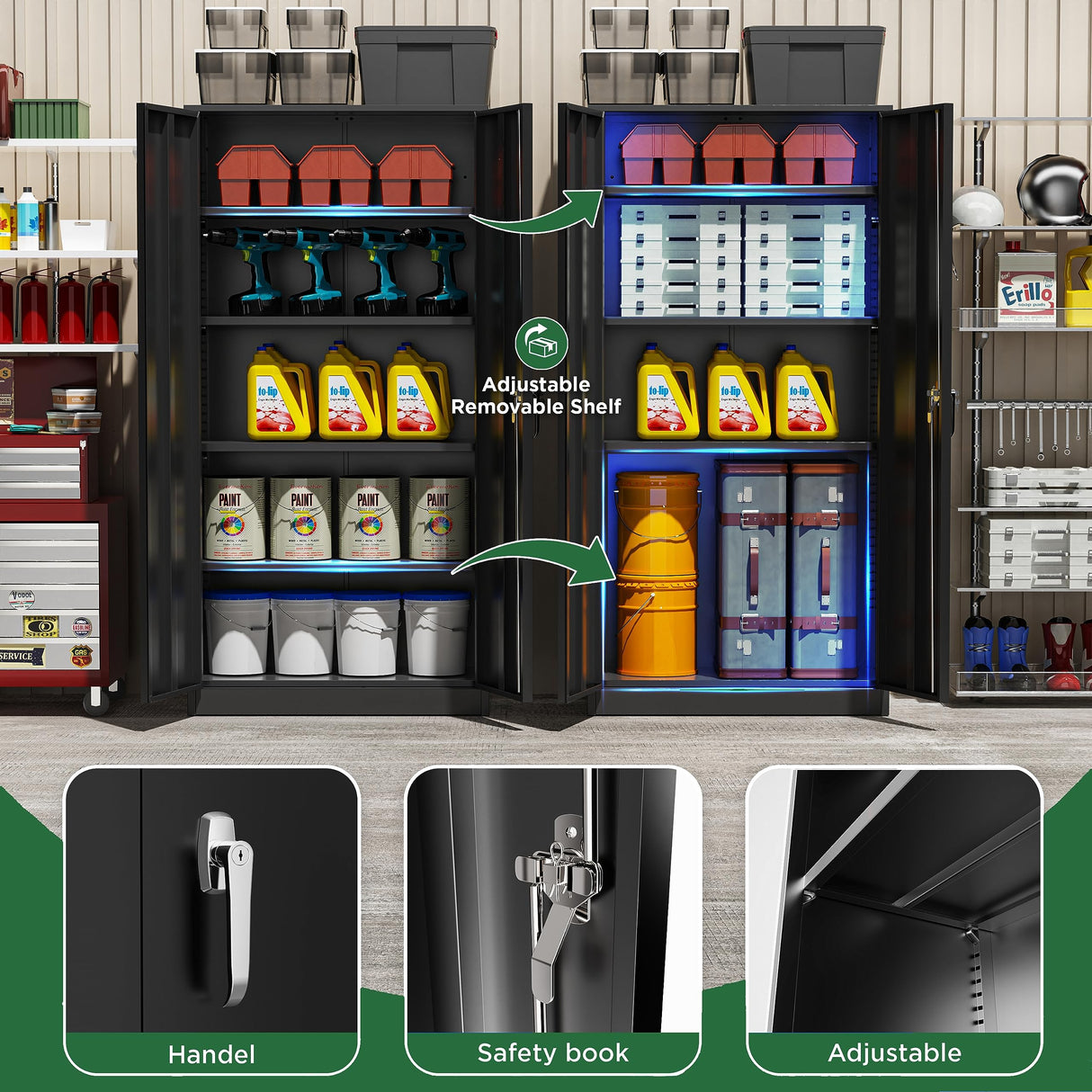 Greenvelly Metal Garage Storage Cabinet with Doors and Adjustable Shelves,72" Black Steel Lockable File Cabinet, Metal Tool Cabinets,Locking for Home Office,Garage,School(16" D x 32" W) Greenvelly